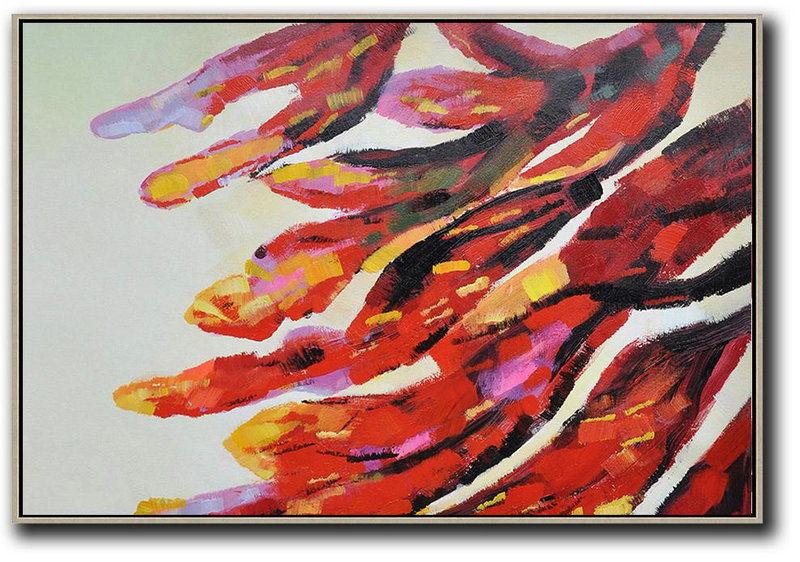 Oversized Horizontal Contemporary Art,Large Oil Canvas Art,Red,Yellow,Purple,White